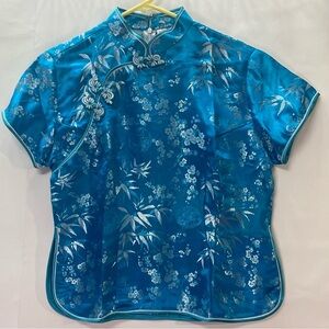 Vintage Silk Teal Silver Floral Cheongsam Top Asian XXL Modern S/M